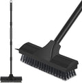 Newthinking Floor Scrubbing Brush with Long Handle, Heavy Duty Stiff Bristle Floor Brush with Squeegee for Cleaning Bathroom Deck Tile Patio, Black