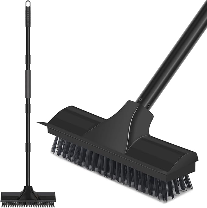 Newthinking Floor Scrubbing Brush with Long Handle, Heavy Duty Stiff Bristle Floor Brush with Squeegee for Cleaning Bathroom Deck Tile Patio, Black