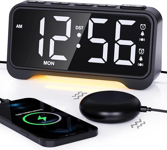 ROCAM Alarm Clock for Heavy Sleepers with Powerful Bed Shaker, Loud Alarm Clock for Deaf People, Dual Alarm, 5 Dimmer, 5 Volumes, Snooze, Power-Off Memory, 12/24H, Week Display, Night Light