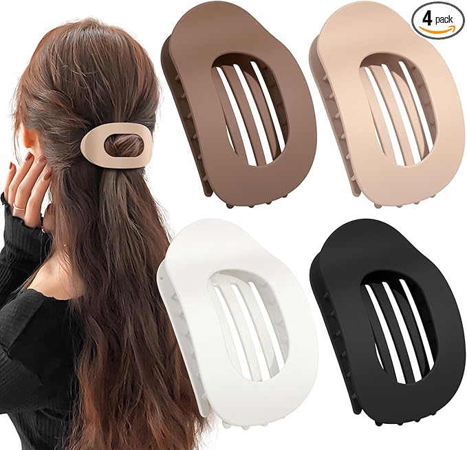 Flat Hair Clip - Pack of 4 Flat Hair Clips Women's Large - Lightweight, Non-Slip & Stylish, Perfect French Flat Claw Clip for Thick or Thin Hair, Everyday Life, Sports or Driving (Leopard)