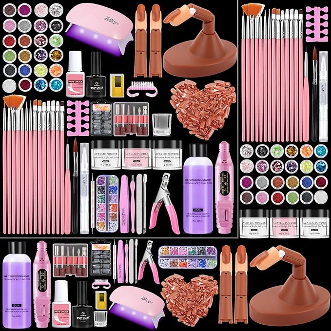 Acrylic Nail Kit for Beginners with Everything: Nail Acrylic Powder Liquid Set with 3PCS Practice Fingers Drill UV lamp - Nail Art Starter Kits in Pink Bag for Women Girl Home Salon DIY