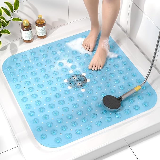 HITSLAM Square Shower Mat Non Slip, 53 x 53cm Bath Mat for Tub with Drain Holes and Suction Cups, Machine Washable Bathroom Shower Mat, Soft on Feet, Blue