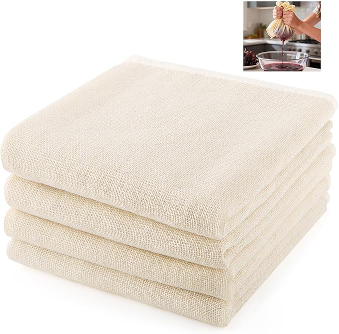 4 Pcs Cheese Cloths for Straining, 50 x 50 cm Reusable and Washable Fine Muslin Cloths for Cooking, Grade 100 Unbleached Cotton Cheesecloth for Nut Milk, Butter, Baking & Cooking