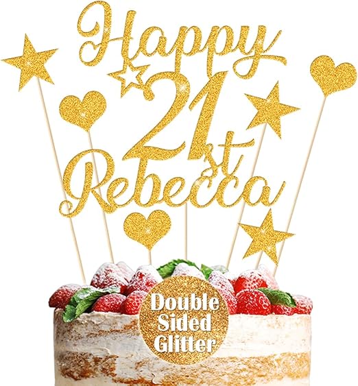 Personalised Cake Topper Custom Multicoloured Non-Shed Double Sided Glitter Cake Decoration Happy Birthday Cake Topper with Any Name Any Age 13th 21st 30th 50th (Gold)