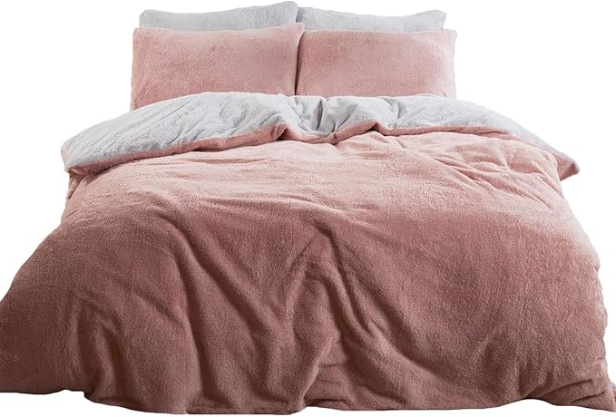 Brentfords Reversible Teddy Fleece Duvet Cover with Pillow Case Supersoft Cuddly Fluffy Thermal Warm Soft Bear Bedding Set, Blush Grey - Double
