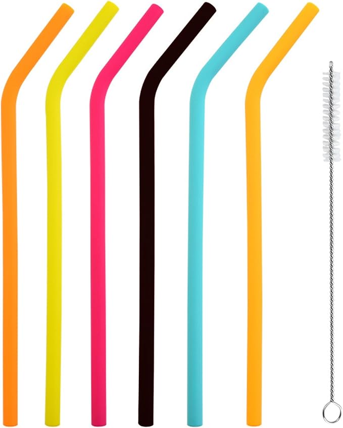 6 Pack Silicone Reusable Straws, with Cleaning Brush, Colourful Drinking Straws, Replacement Straws Reusable Kids Straws for Cocktail, Juice, Milkshake, Soda (6 Bent)