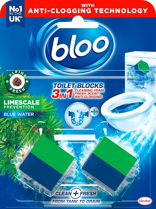 Bloo New 3in1 Toilet Blocks, Pack of 2, Toilet Limescale Remover Cistern Block, Toilet Cleaner Block with Cleaning and Foaming Action, Toilet Fresheners - Limescale Prevention