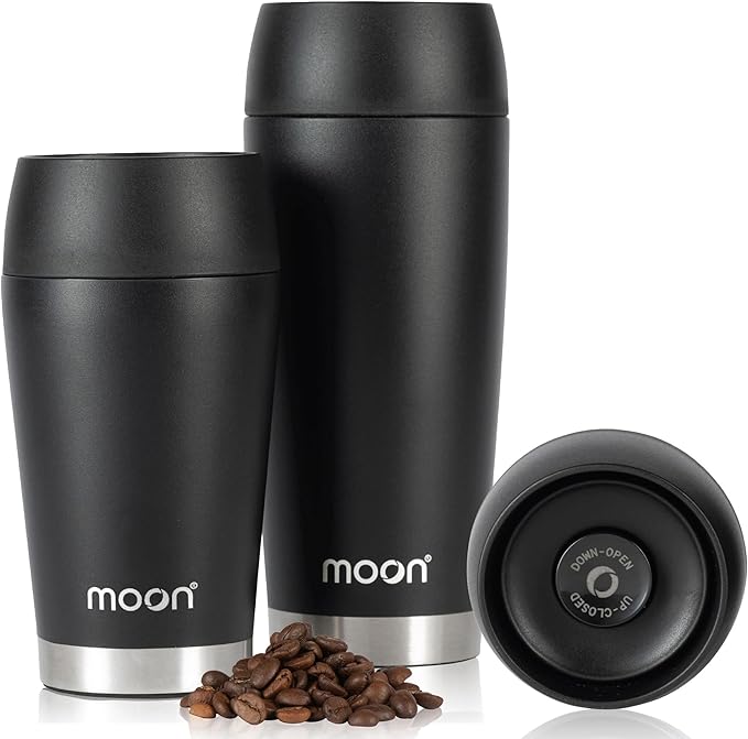 Moon 360° Travel Mugs - Leakproof Reusable Coffee Cup for Hot Drinks - Insulated Stainless Steel Thermal Mug, Fits Car Cup Holders (450ml, Powder Coat/Black)