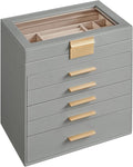 SONGMICS Jewellery Box with Glass Lid, 6-Layer Jewellery Storage Organiser with 5 Drawers, Plenty of Storage, Modern, Gift Idea, 16.3 x 25.1 x 29 cm, Dove Grey and Gold Colour JBC171G01