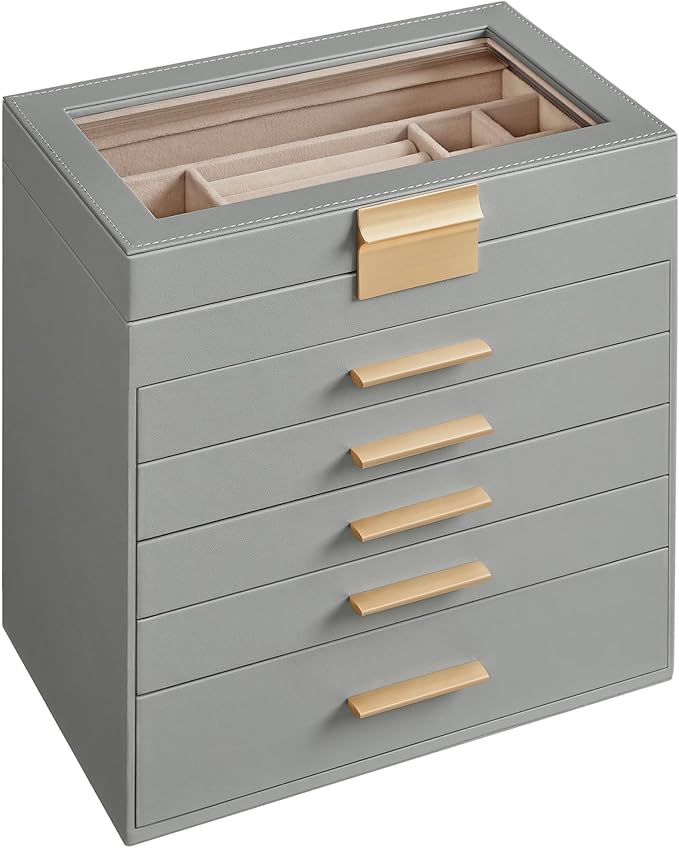 SONGMICS Jewellery Box with Glass Lid, 6-Layer Jewellery Storage Organiser with 5 Drawers, Plenty of Storage, Modern, Gift Idea, 16.3 x 25.1 x 29 cm, Dove Grey and Gold Colour JBC171G01