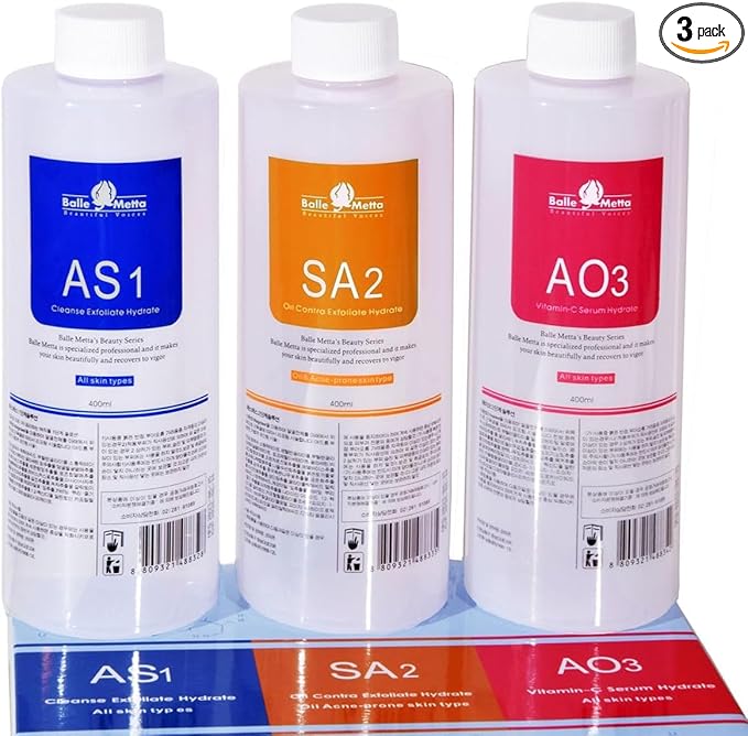 Facial Beauty Aqua Peel Solution 400ml Per Bottle Aqua Hydra Peeling Solution Face Cleansing Serum 3 Bottles and Moisturizing for Hydra aqual Peel Machine Solution AS1/SA2/AO3