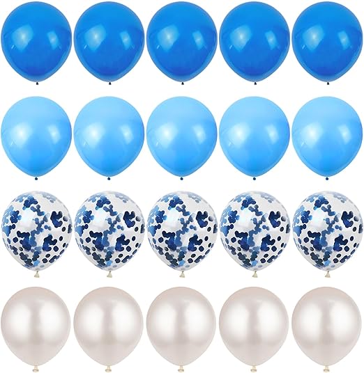 20pcs 12 Inches Blue and White Balloons Set for Baby Shower - Royal, Baby, Confetti, and White Balloons
