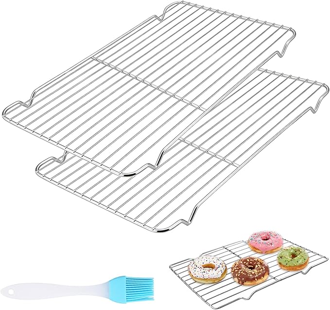 2 Pcs Cooling Racks for Baking Cooling Rack, 30x20 cm Stainless Steel Wire Grill Rack Grid, Grill Oven Racks, Baking Tray for Cake Bread Meat Cooking Roasting Grilling or Drying, with Bake Brush