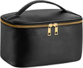 Travel Makeup Bag with Brush Compartment, Large Cosmetic Bags with 12 Pockets, Waterproof PU Leather Makeup Case with Handle, Water-Resistant for Women (Black)