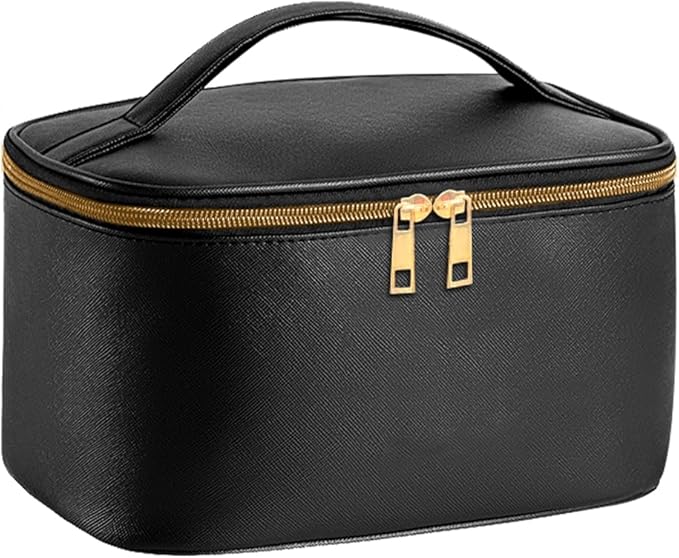 Travel Makeup Bag with Brush Compartment, Large Cosmetic Bags with 12 Pockets, Waterproof PU Leather Makeup Case with Handle, Water-Resistant for Women (Black)