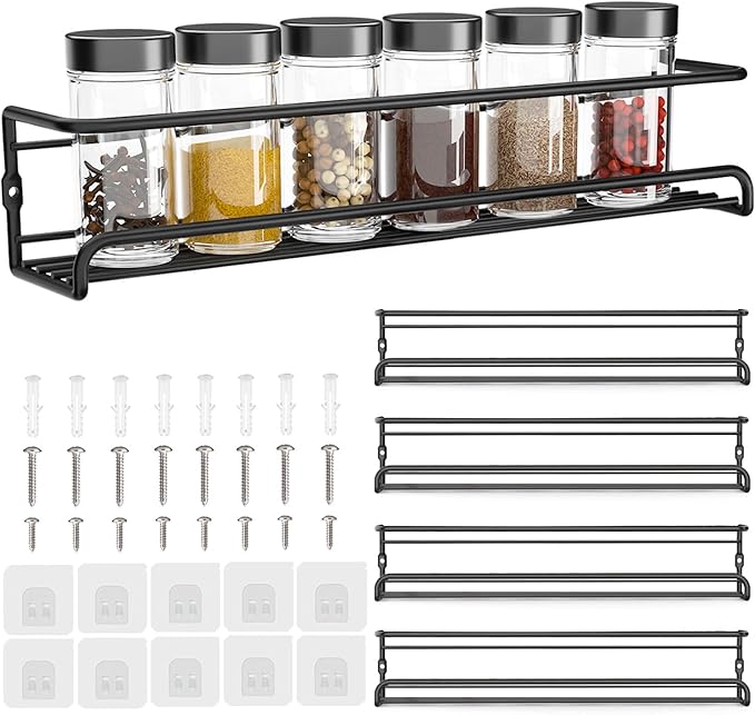 Spice racks Organiser 4 Tier Metal Wall Mounted kitchen Spice shelf for Kitchen&inside cupboard Spice Jars and Condiments tidy Storage (Black)