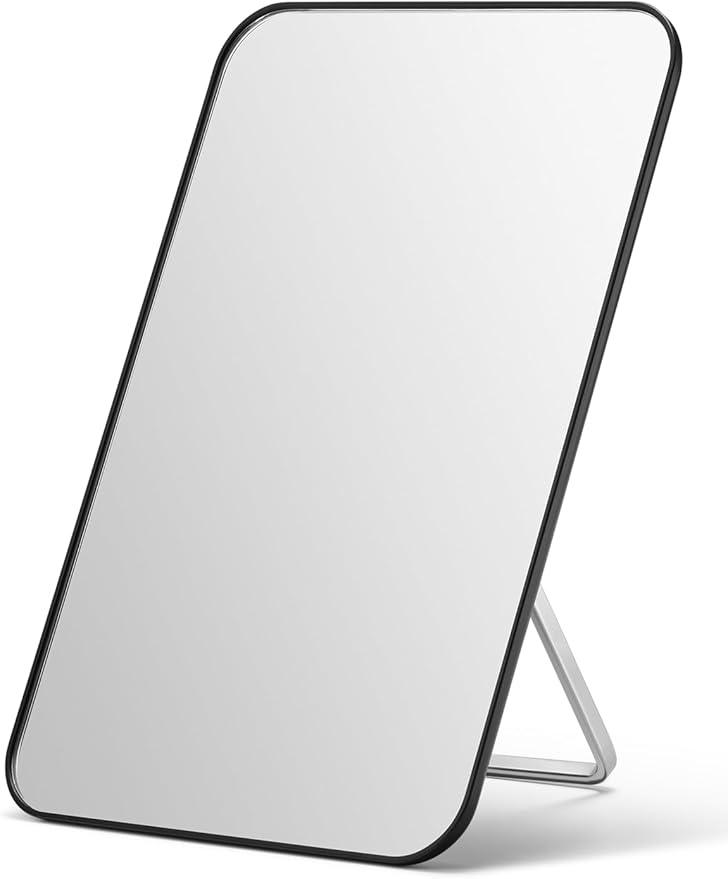 OMIRO Desk Makeup Mirror, 20 x 14cm Table Mirror with Foldable Stand and Hanging Hole for Shaving and Travelling, Black
