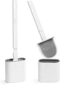 Toilet Brush, 2 Pack Bathroom Silicone Toilet Brushes and Holder Sets with No-Slip Long Plastic Handle and Soft Flexible Bristles, Toilet Brushes with holders and Base for Anti-drip (White)
