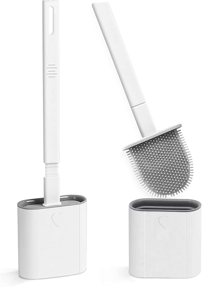 Toilet Brush, 2 Pack Bathroom Silicone Toilet Brushes and Holder Sets with No-Slip Long Plastic Handle and Soft Flexible Bristles, Toilet Brushes with holders and Base for Anti-drip (White)