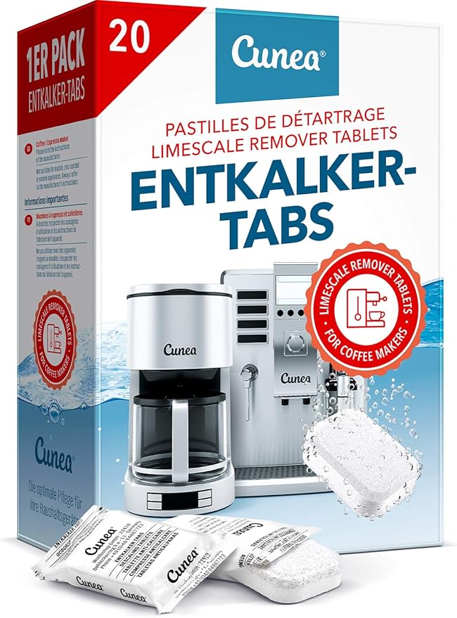 Cunea 20x Descaling Tablets for Coffee Machines & Kettles - Powerful Limescale Remover & Cleaner, Compatible with Delonghi, Tassimo, Bosch, Nespresso
