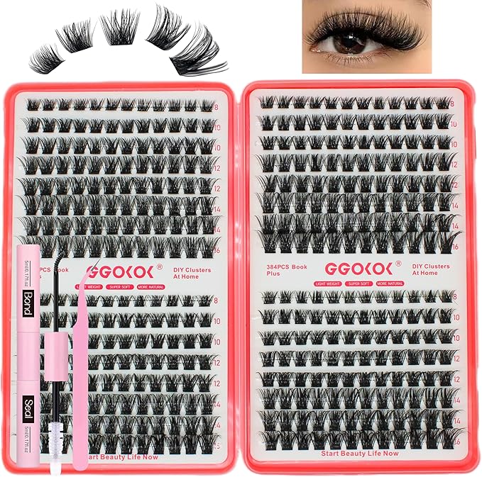 Lash Clusters Wispy 384pcs Eyelash Clusters 8-16mm Cluster Eyelash Extensions Natural Volume Lash Bond and Seal Tweezer DIY Individual Lashes Clusters with Soft Thin Band(D04-Plus-Kit)