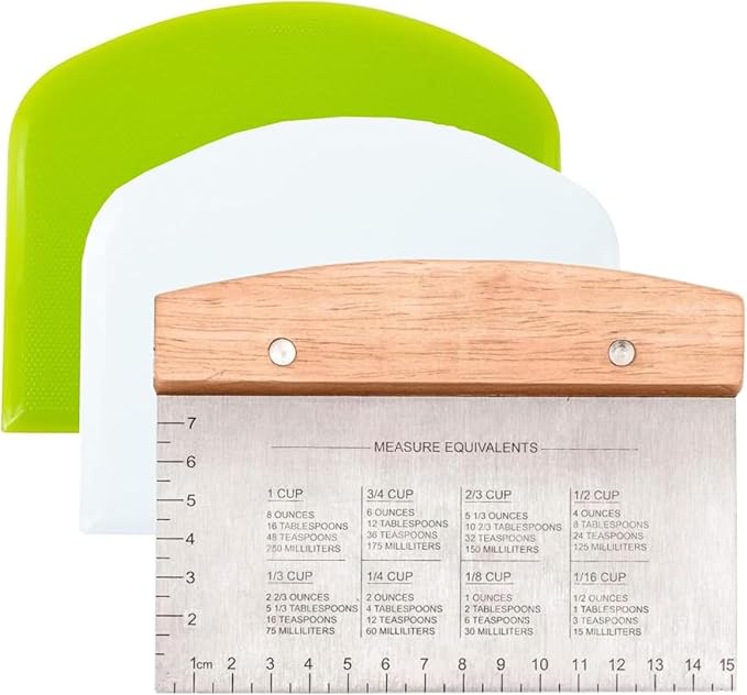Ultimate Dough Scraper Set – 3-Piece Stainless Steel Bench Scraper Kit with Ergonomic Handle and Measurement Scale – Ideal for Dough, Bread, Pizza, and Cake Cutting