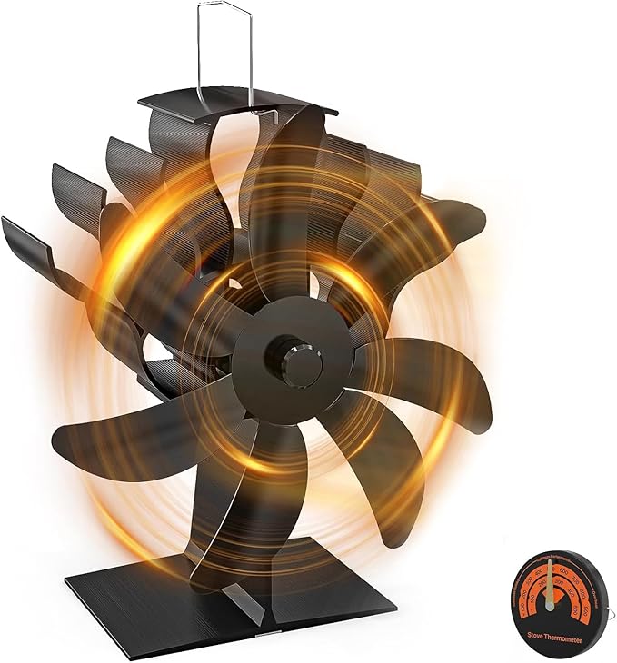 VEEAPE Stove Fan Log Burner Fan, 2024 Upgrade 7-Blades Silent Wood Burner Fans with Thermometer, Log Burner Accessories for Wood Log Burner Fireplace