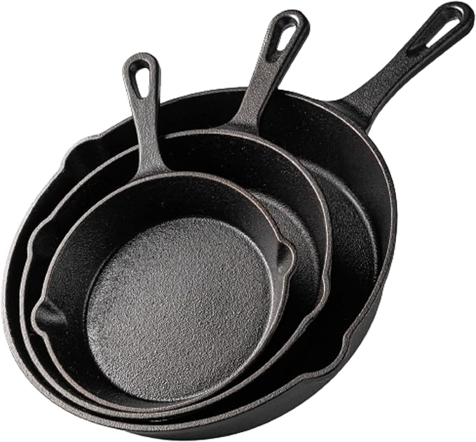 nuovva Pre-Seasoned Cast Iron Skillet Frying Pans Oven Safe Cookware for Indoor & Outdoor Use - Grill, StoveTop, Black (3-Piece Chef Set 6-Inch 15cm, 8-Inch 20cm, 10-Inch 25cm)
