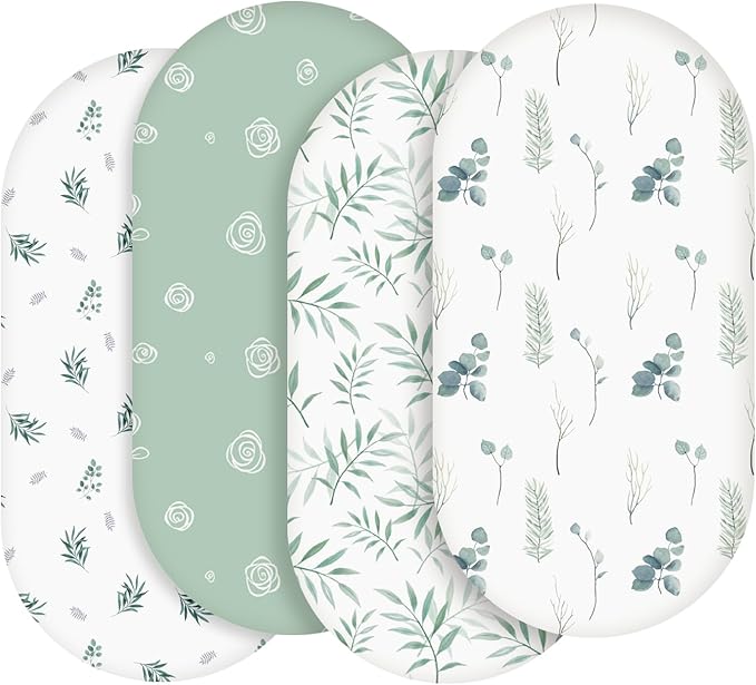 Moses Basket Sheets 82X41cm, Baby Bassinet Sheets Pram Sheet Fitted for Boy and Girl, Crib Fitted Sheets Oeko-tex100 Fit for Oval, Hourglass & Rectangle Bassinet 4 Packs Green/White