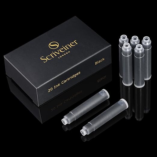 Scriveiner Fountain Pen Ink Cartridges - Black - 20 Standard International Ink Cartridges, Made in UK, The Best Cartridge for Your Scriveiner Pen, Refill Size Fits A Wide Range of Fountain Pens