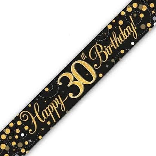 9ft Banner Sparkling Fizz 30th Birthday Black & Gold Holographic