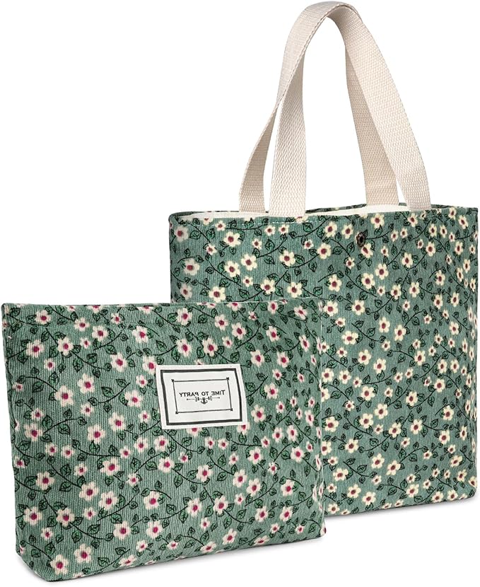 Floral Canvas Cosmetic Bags, 2 Pcs Rose Flower Printing Corduroy Toiletry Bag, Multifunctional Travel Makeup Bag With Metal Zipper for Women Girls Gift - Green Flower