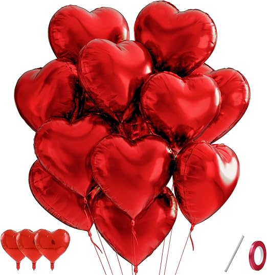 QIFU Red Heart Balloons 25 Pack, Love Heart Balloons Valentines Balloon with 1pc Red Ribbon, Helium Foil Hearts Balloon for Romantic Valentines Decorations Anniversary Engagement Wedding Girlfriend