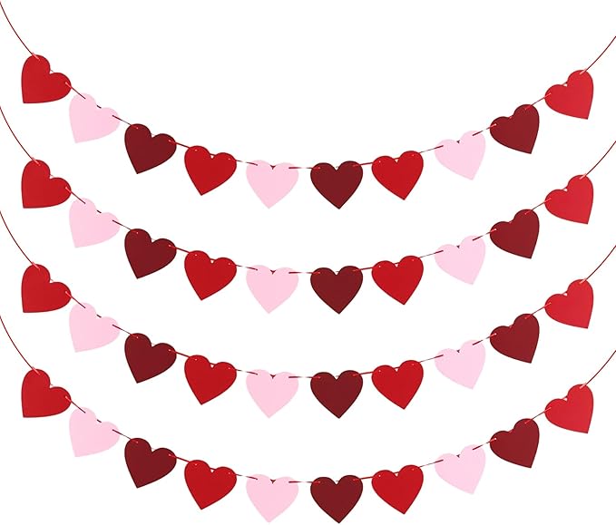4 Pcs Valentines Decorations,Heart Bunting Valentine's Day Felt Garland Banner Red Hanging Hearts Decoration Love Garlands Valentine Party Photo Props Romantic Room Ornaments,for Home Outdoor Decor