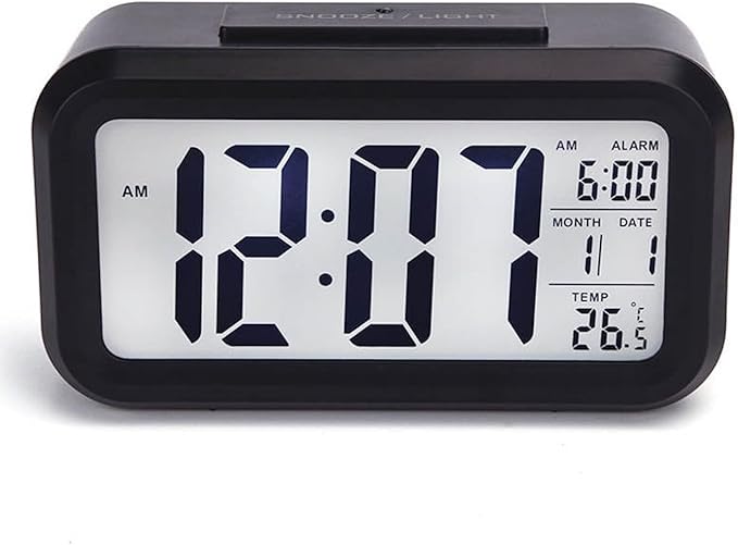DTL Digital Alarm Clock LED Display with Temperature Big LCD Digit Display Larger LCD Backlit Display Snooze Smart Brightness Sensor for Bedroom Home Office and Travel