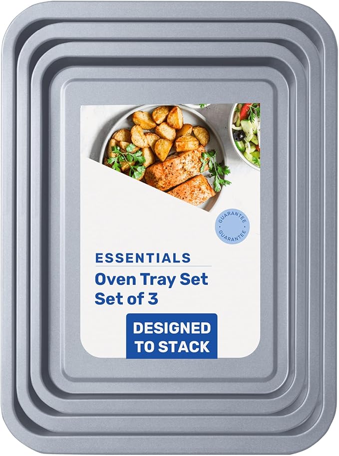 3 Pack Essentials Non-Stick Baking Oven Tray Set 35cm, 31cm & 28cm Multi-Pack Oven/Pan Dishwasher Safe & Easy to Clean (Set of 3 (1 x 35, 1 x 31 & 1 x 28cm))