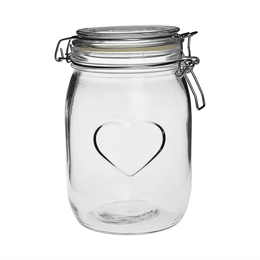 Nicola Spring Heart Shaped Glass Storage Jar with Airtight Clip Lid - 1000ml - 1 Pack - 4 Colour Seals - Kitchen Vintage Round Preserving Container for Pickling, Chutney, Jam, Coffee, Oats