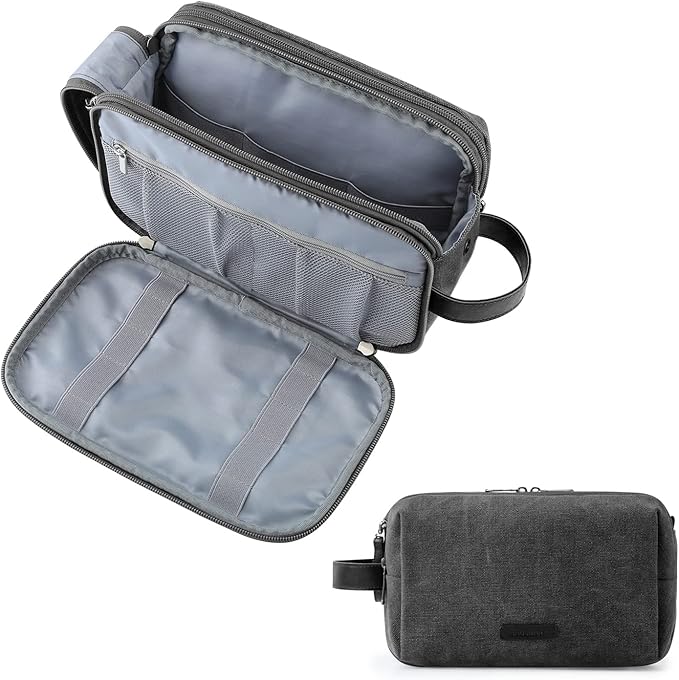 BAGSMART Mens Wash Bag Travel Toiletry Bag Makeup Shower Shaving Organiser for Bathroom Camping Gym - Water Resistant & Wet Dry Separation, Large Black- Canvas