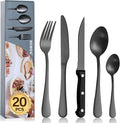 BEWOS 16-Piece Black Cutlery Set with 4 Triple Riveted Steak Knives, Stainless Steel Silverware Tableware Set for Kitchen, Mirror Polished Knives, Forks and Spoons Cutlery Set for 4, Dishwasher Safe