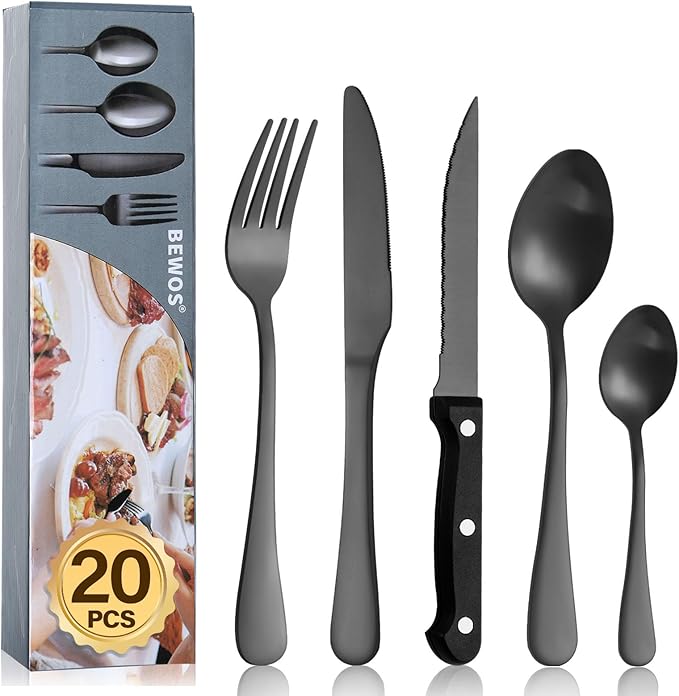 BEWOS 16-Piece Black Cutlery Set with 4 Triple Riveted Steak Knives, Stainless Steel Silverware Tableware Set for Kitchen, Mirror Polished Knives, Forks and Spoons Cutlery Set for 4, Dishwasher Safe