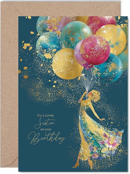 Gold Sister Birthday Card - Elegant Silhouette Balloons - Happy Birthday Card for Sister from Brother Sibling, 5x7 Inch Golden Luxury Floral Dress Bday Greeting Cards
