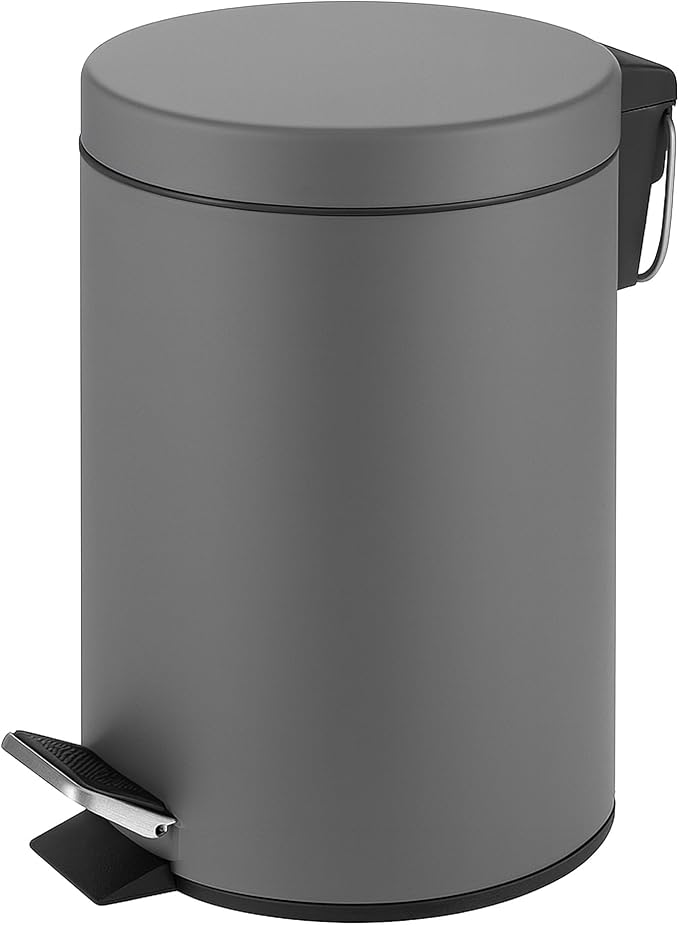 Innoteck Essentials Round Colour Coated Pedal Bin 3L Dustbin Size 26x17cm for Kitchen and bathroom, Matt Grey, Powder Coated Steel, 3 Litre