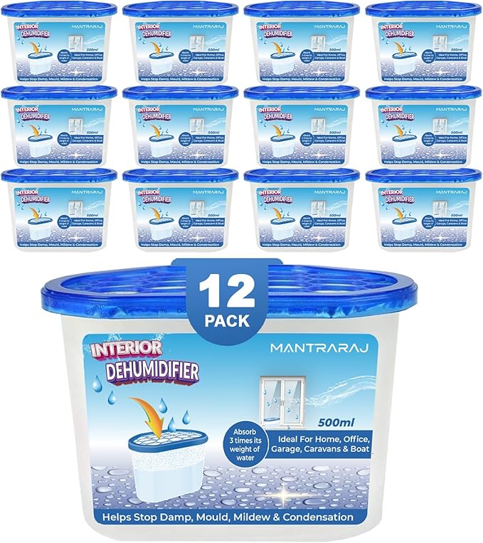 MantraRaj 500ml Interior Dehumidifier Disposable Pack Of 12 Moisture Absorber Dehumidifiers for Damp, Mould, Moisture in Home, Kitchen, Wardrobe, Bedroom, Caravan, Office, Garage, Bathroom, Basement