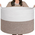 TIMEYARD XXXLarge Cotton Rope Basket Woven Baby Laundry Blanket Basket Toy Baskets with Handle Storage Comforter Cushions Thread Laundry Hamper, 55x35cm, White & Brown