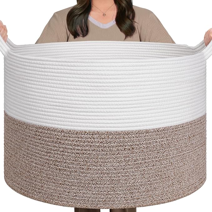 TIMEYARD XXXLarge Cotton Rope Basket Woven Baby Laundry Blanket Basket Toy Baskets with Handle Storage Comforter Cushions Thread Laundry Hamper, 55x35cm, White & Brown
