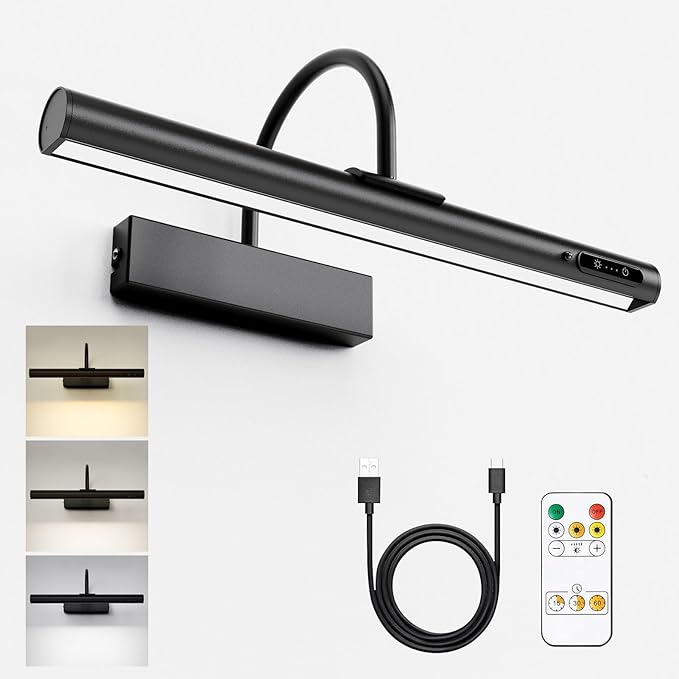 HARPER LIVING Rechargeable Picture Light with Remote, Dimmable and 3 Colour Temps, Battery Operated Wall Light with Timer & Memory, LED Display Lamp for Dartboard Pictures Frame Gallery-Black[Energy Class D]