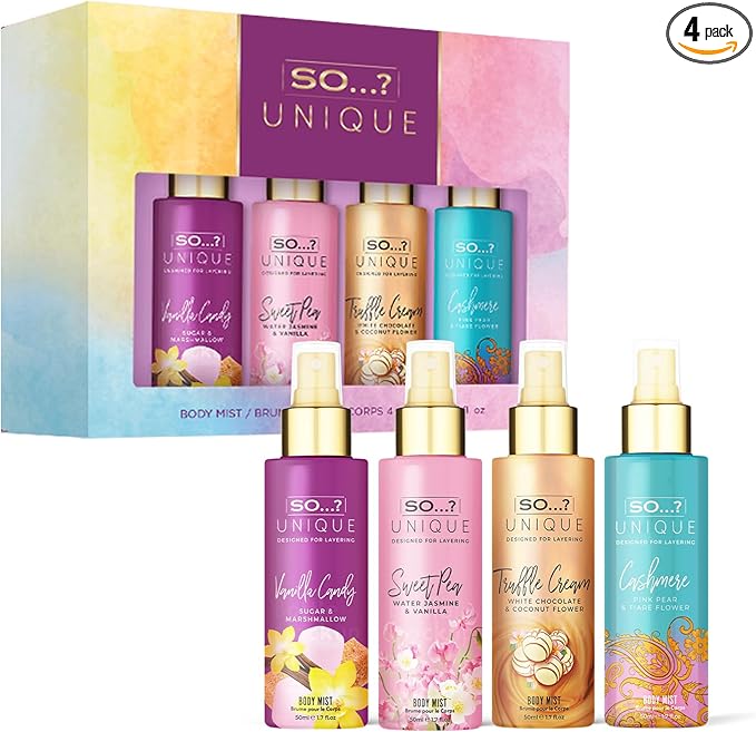 So…? Unique Mini Mist Womens Gift Set with Vanilla Candy, Sweet Pea, Truffle Cream, & Cashmere, Body Mist Fragrance Spray Set (4 x 50ml.)