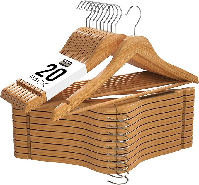 Utopia Home Natural Wooden Coat Hangers 20 Pack – Strong Solid Wood Clothes Hangers with 360° Swivel Hook, Trouser Bar & Shoulder Notches – Durable Slim Space Saver for Suits, Jackets, Coats, Shirts.