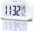 Upgraded Digital Alarm Clock, 4.3" LED Display with Temperature Larger Lound Light Control Portable Snooze Calendar Brightness with Battery Powered Alarm Clocks Bedside for Everyone (White)