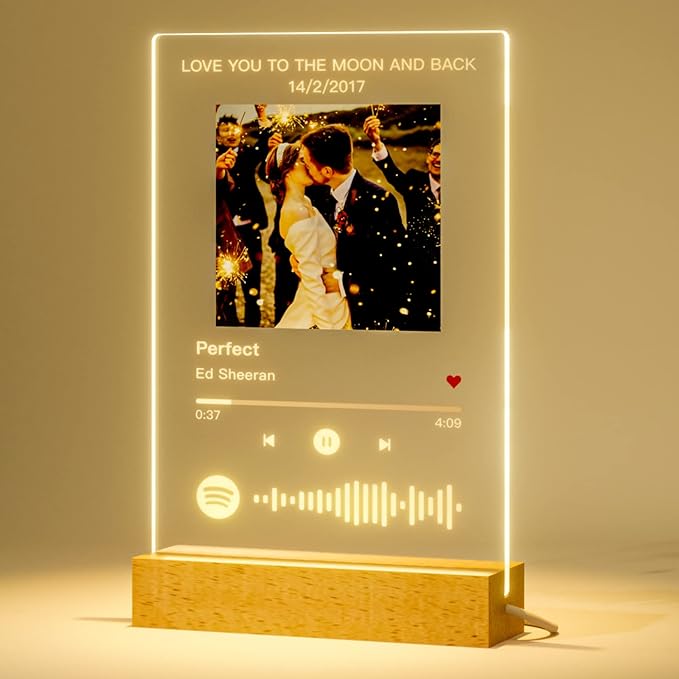 Personalised Spotify Glass Plaque Night Light Custom Acrylic Song Album Cover Music Picture Frame for Boyfriend Girlfriend Christmas Holiday Valentines Day (No Base), 15cm x 22cm